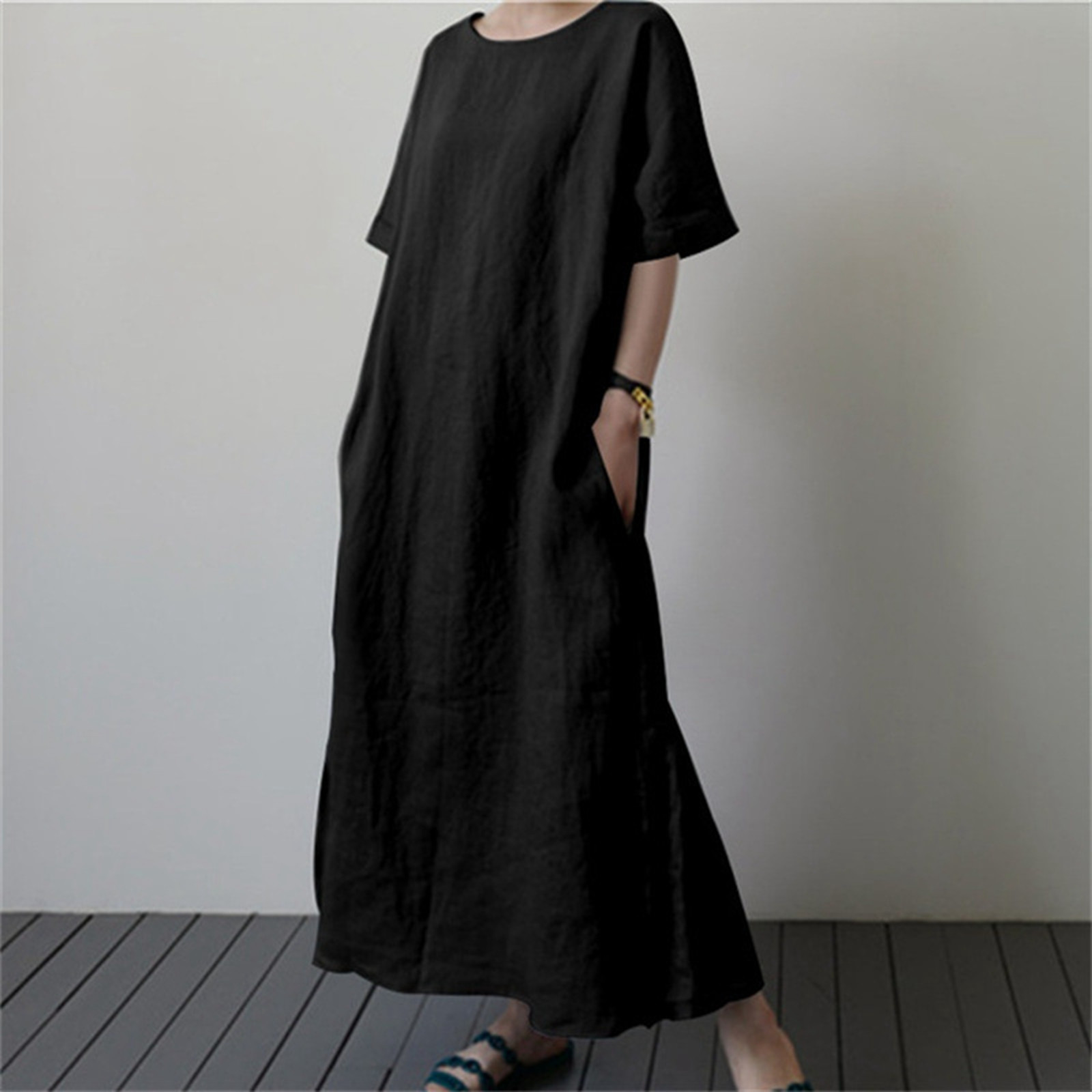 thumbnail image 2 of Vestido largo de lino para mujer talla grande - Cintura con cordón, abertura, manga corta, informal, 2 of 6